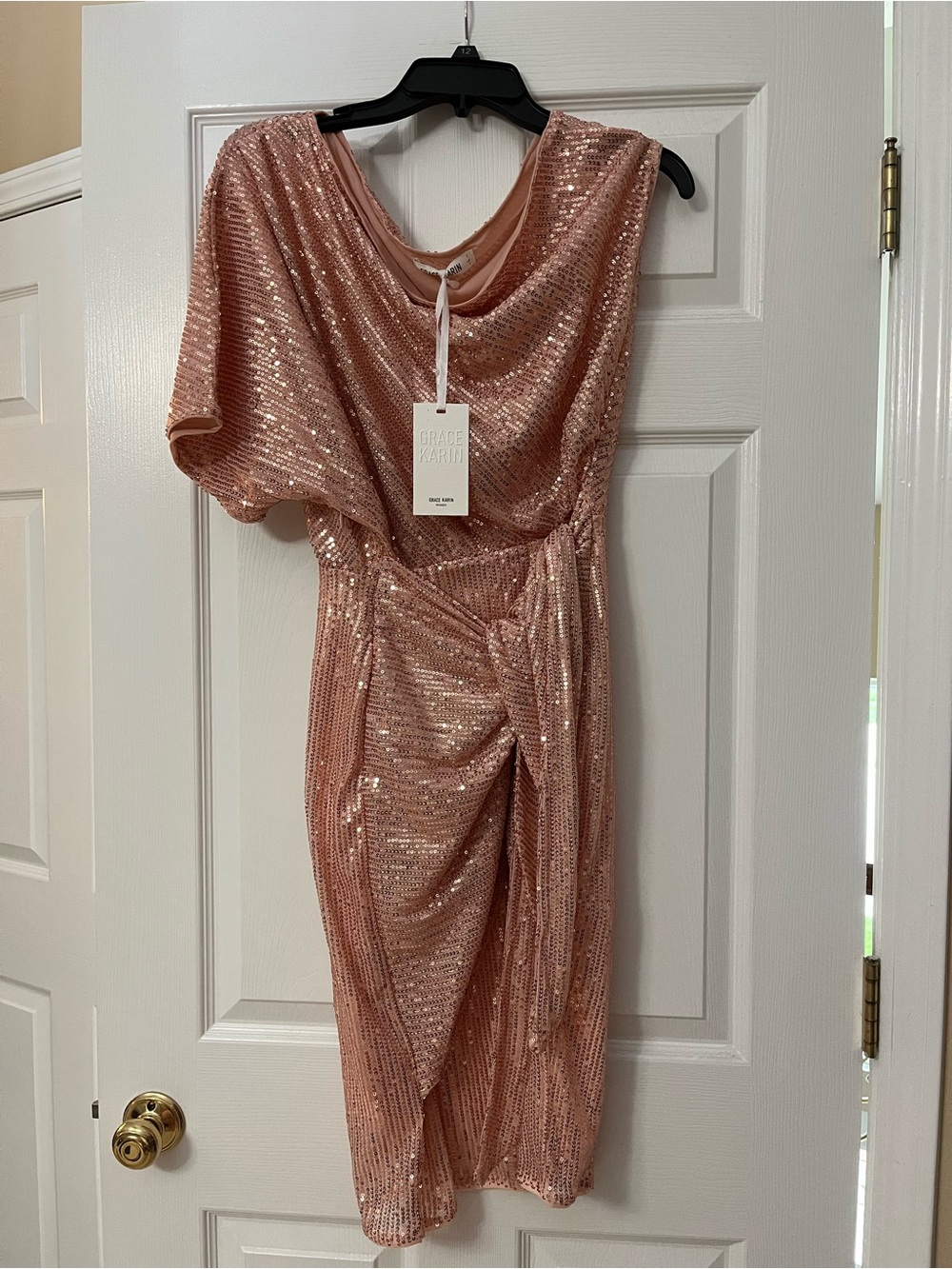Grace Karin Rose Gold Sequin Midi Dress with Draped Front